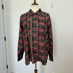 Vintage Anna and Frank 100% Silk Button Down Blouse Leopard Chain Classic Size L